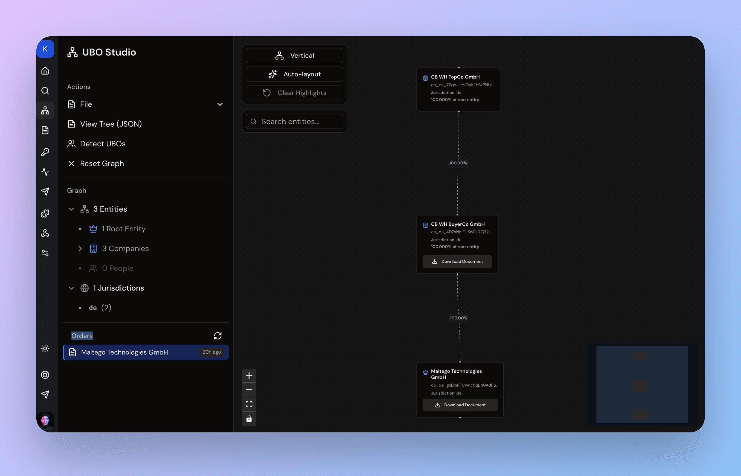 UBO Studio showing a three-level shareholder graph in dark mode, with vertical layout and entity sidebar listing 3 companies across 1 jurisdiction